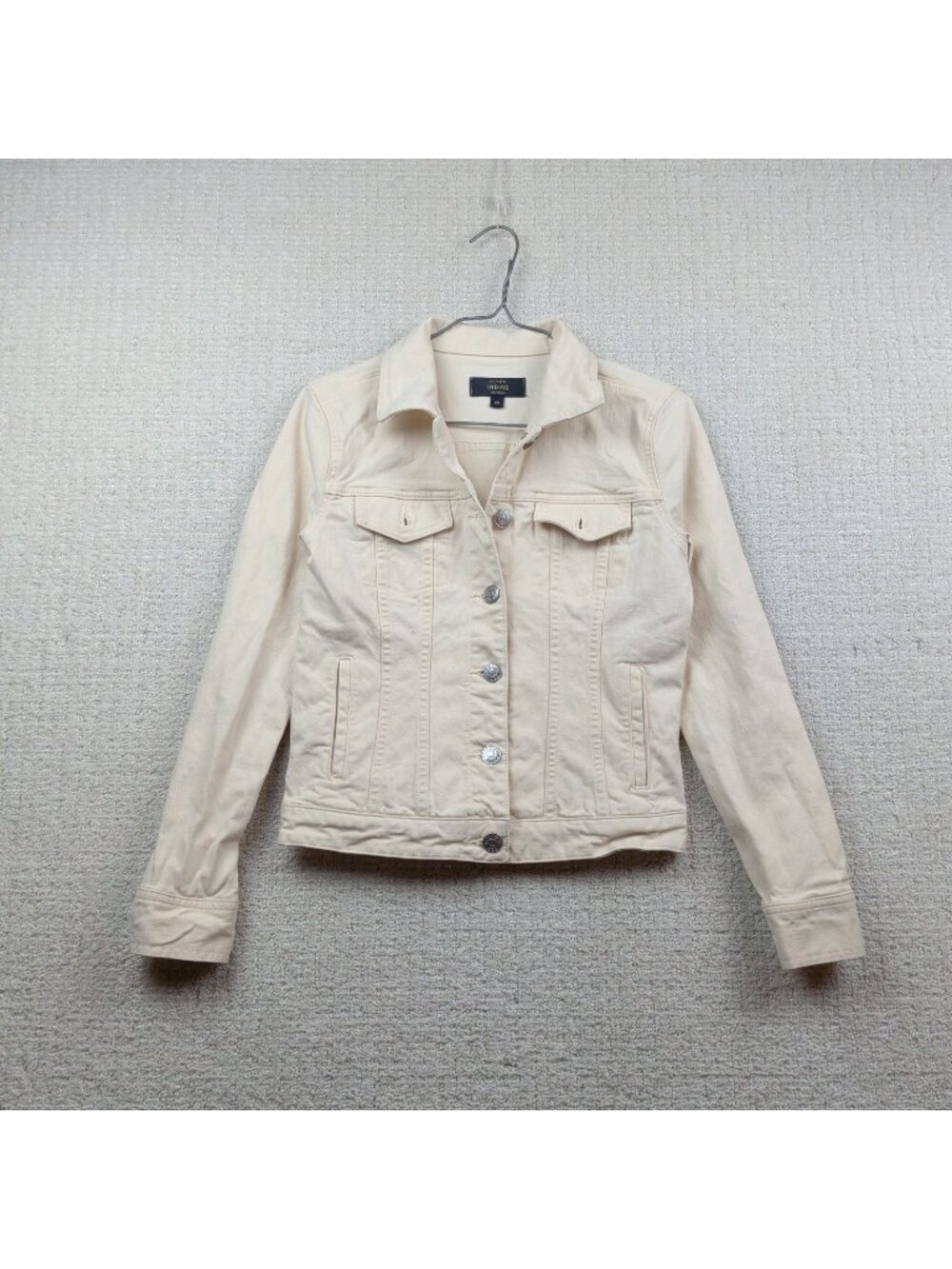 J.Crew Indigo Denim Jacket Wom XS Off White Jean Trucker Button Classic Preppy